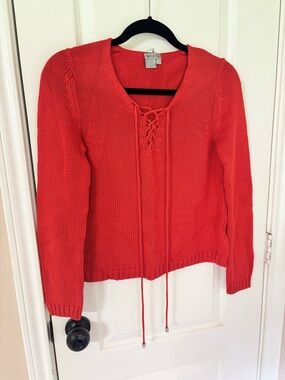 Worth Boho Red Lace-Up V-Neck Knit Sweater Size Small Preppy Coastal Sleeve